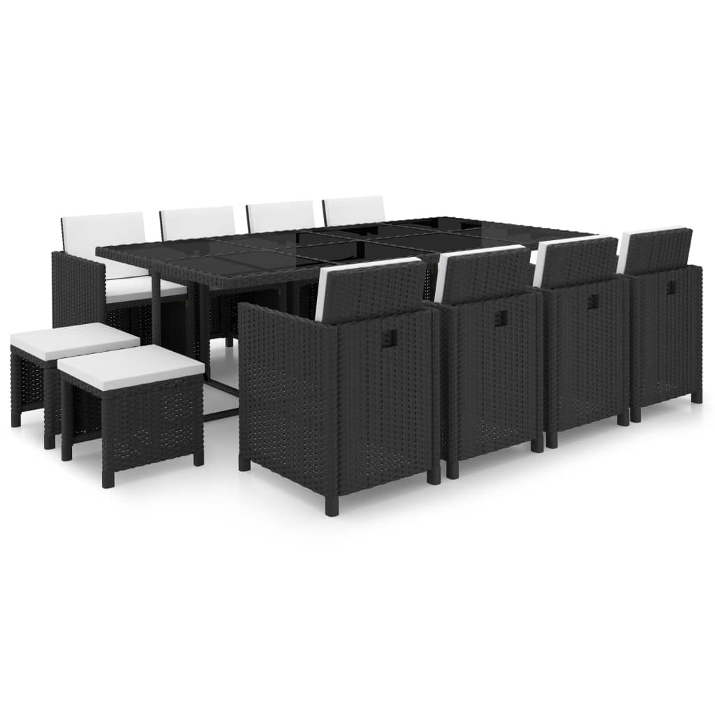 13 Pcs conjunto jantar exterior com almofadões vime PE preto