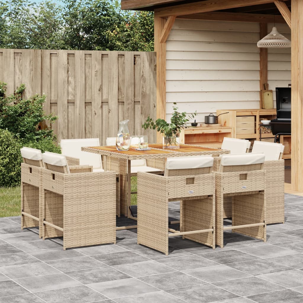 9 Pcs conjunto de jantar p/ jardim com almofadões vime PE bege