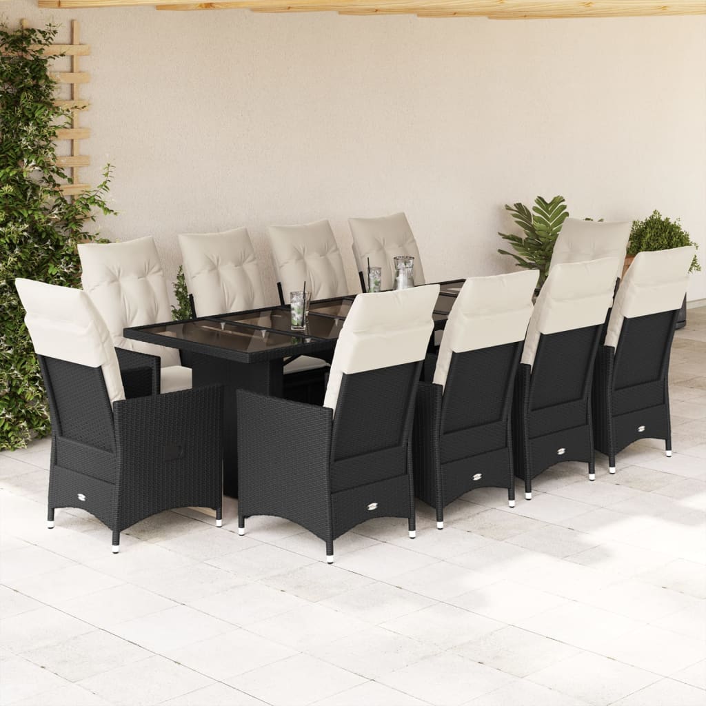 11 Pcs conjunto de bistrô p/ jardim c/ almofadões vime PE preto