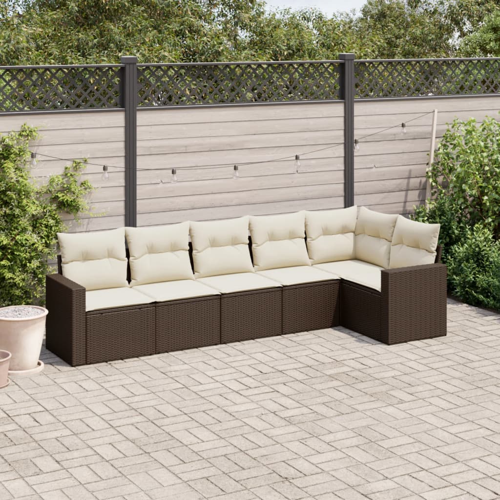 6 Pcs conjunto de sofás jardim c/ almofadões vime PE castanho