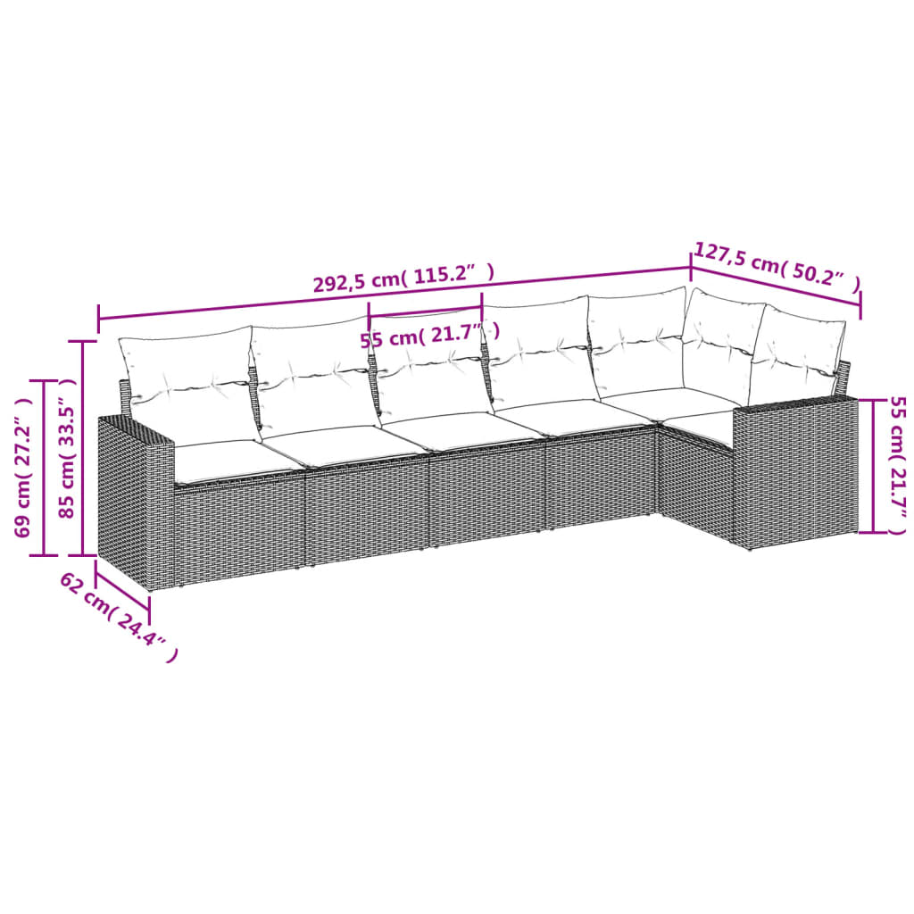 6 Pcs conjunto de sofás jardim c/ almofadões vime PE castanho