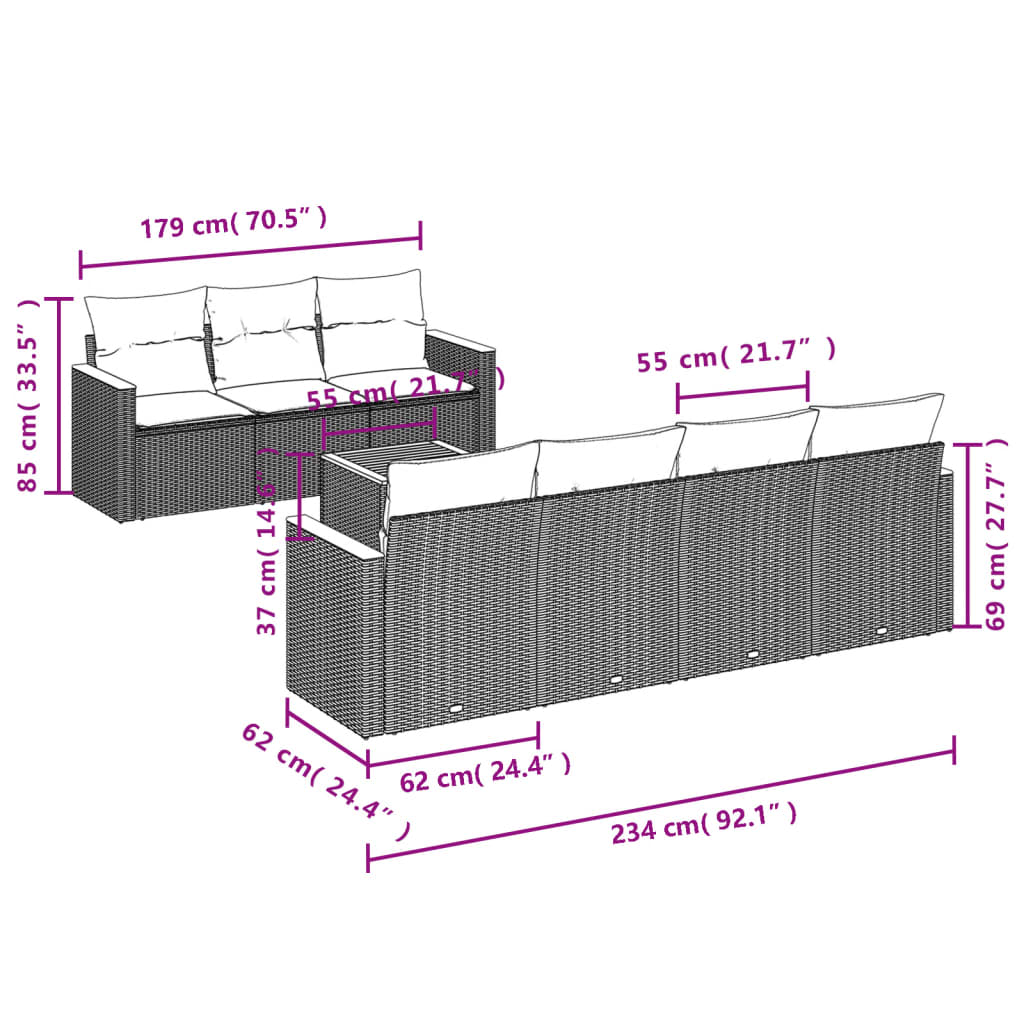 8 Pcs conjunto sofás de jardim c/ almofadões vime PE cinzento