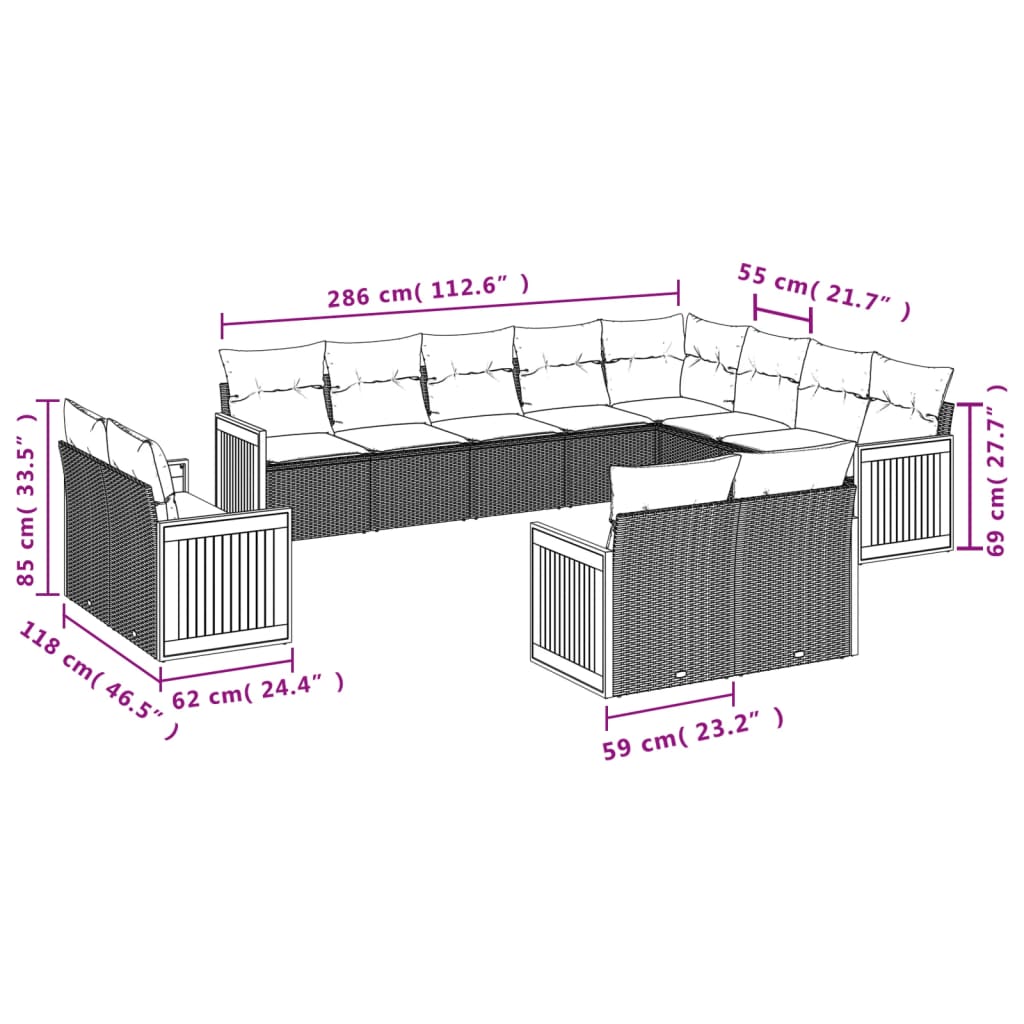 12 Pcs conjunto de sofás jardim c/ almofadões vime PE cinzento