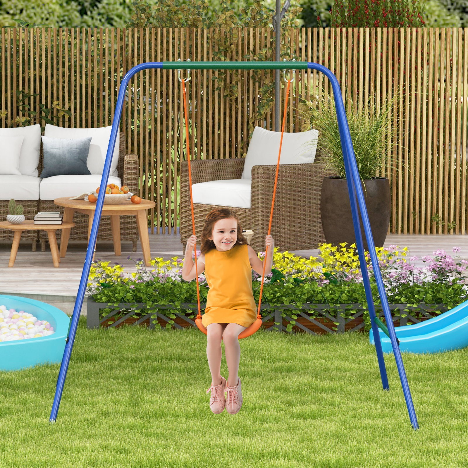 Baloiço 2 em 1 com 1 assento para crianças 1 assento para bebés e cinto de segurança 180x160x182 cm laranja