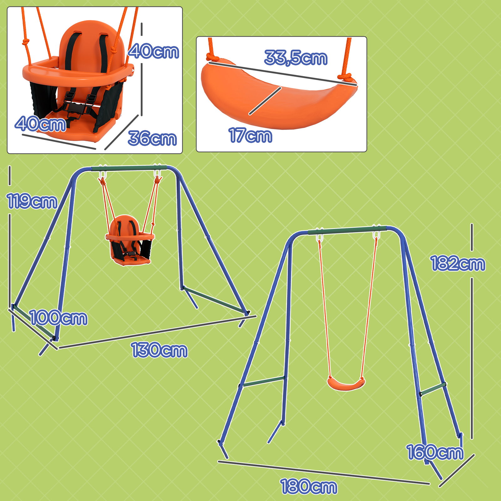 Baloiço 2 em 1 com 1 assento para crianças 1 assento para bebés e cinto de segurança 180x160x182 cm laranja