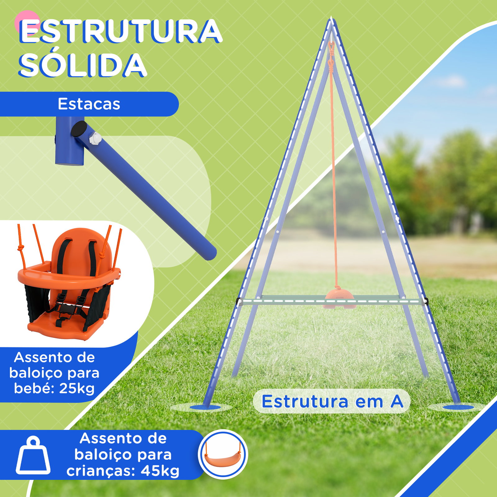 Baloiço 2 em 1 com 1 assento para crianças 1 assento para bebés e cinto de segurança 180x160x182 cm laranja