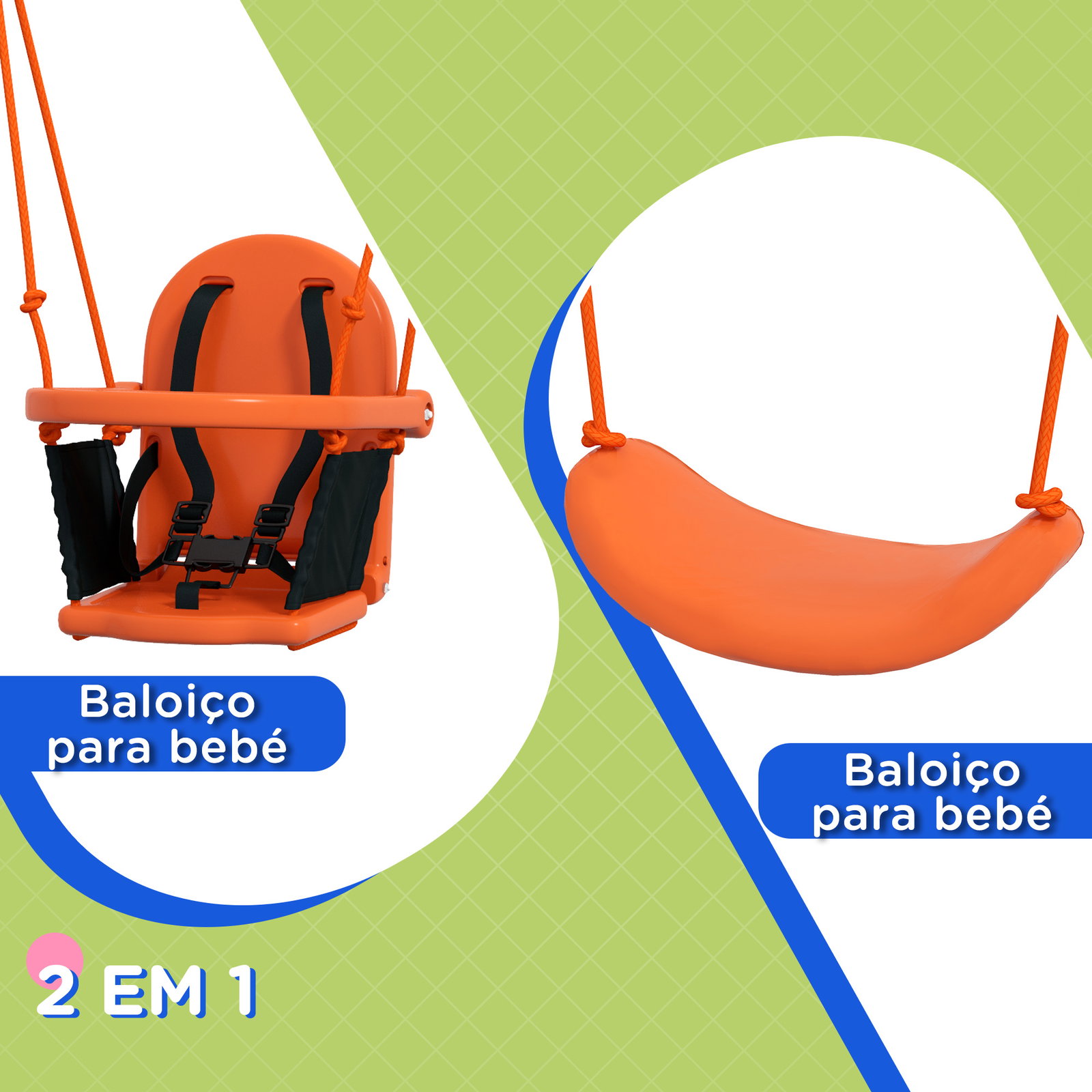 Baloiço 2 em 1 com 1 assento para crianças 1 assento para bebés e cinto de segurança 180x160x182 cm laranja