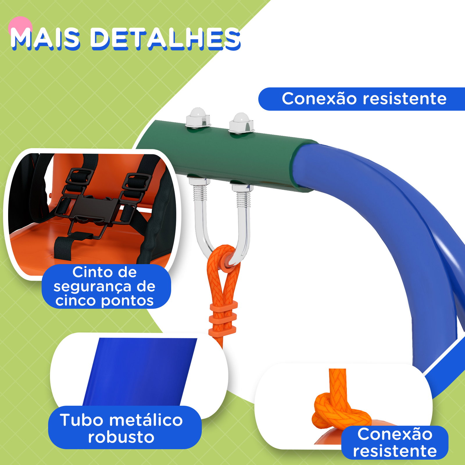 Baloiço 2 em 1 com 1 assento para crianças 1 assento para bebés e cinto de segurança 180x160x182 cm laranja