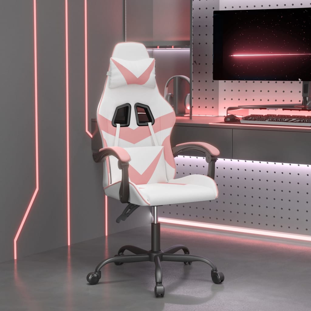 Cadeira gaming giratória couro artificial branco e rosa