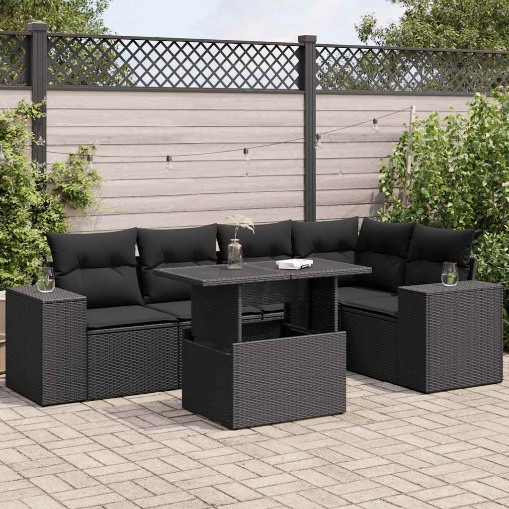 6 Pcs conjunto sofás de jardim c/ almofadões vime PE preto
