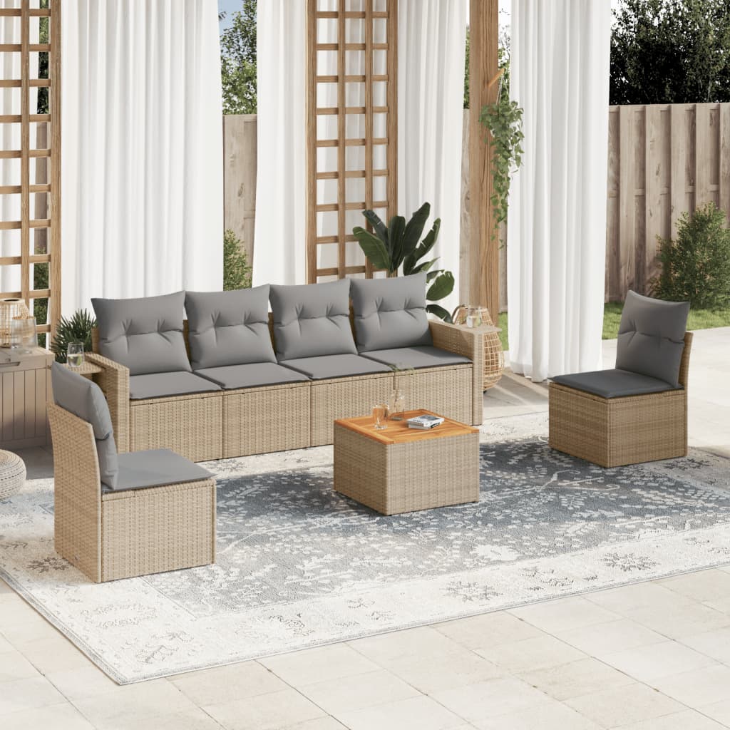 7 Pcs conjunto de sofás p/ jardim com almofadões vime PE bege
