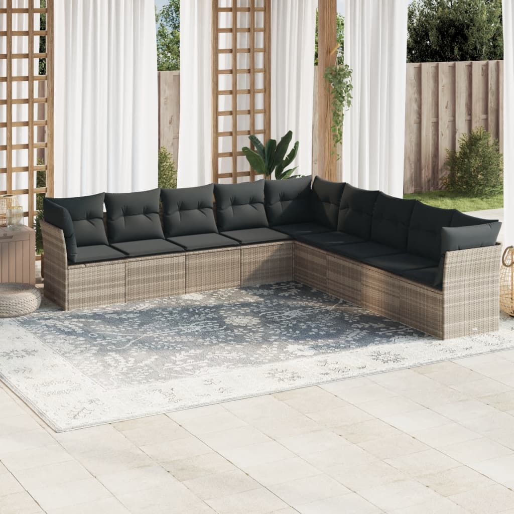 9 Pcs conj. sofás jardim com almofadões vime PE cinzento-claro