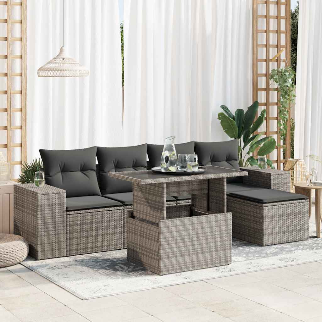 6 Pcs conjunto sofás de jardim com almofadões vime cinzento