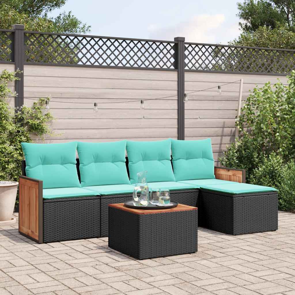 Conjunto de sofá de jardim com 6 peças e almofadas em rattan sintético preto