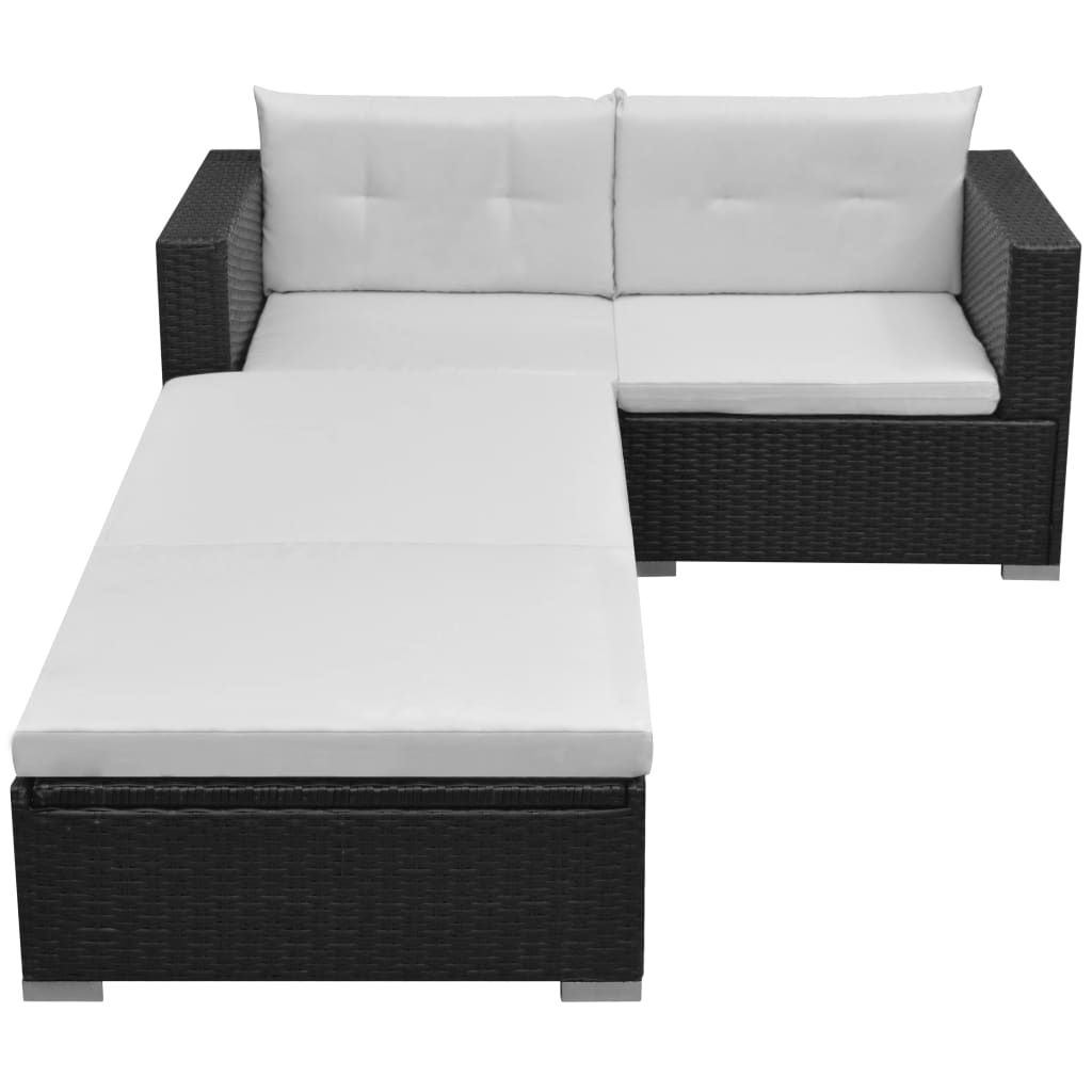 3 Pcs conjunto lounge de jardim c/ almofadões vime PE preto
