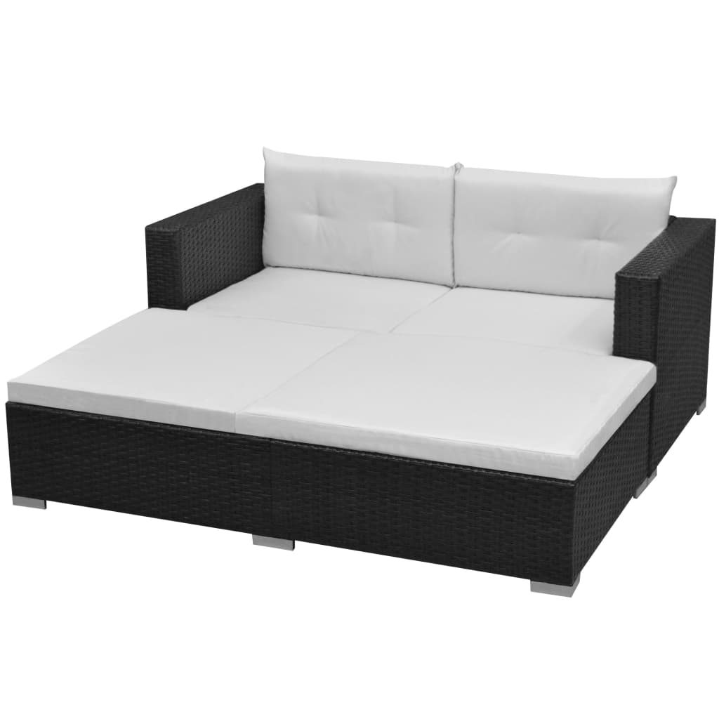3 Pcs conjunto lounge de jardim c/ almofadões vime PE preto