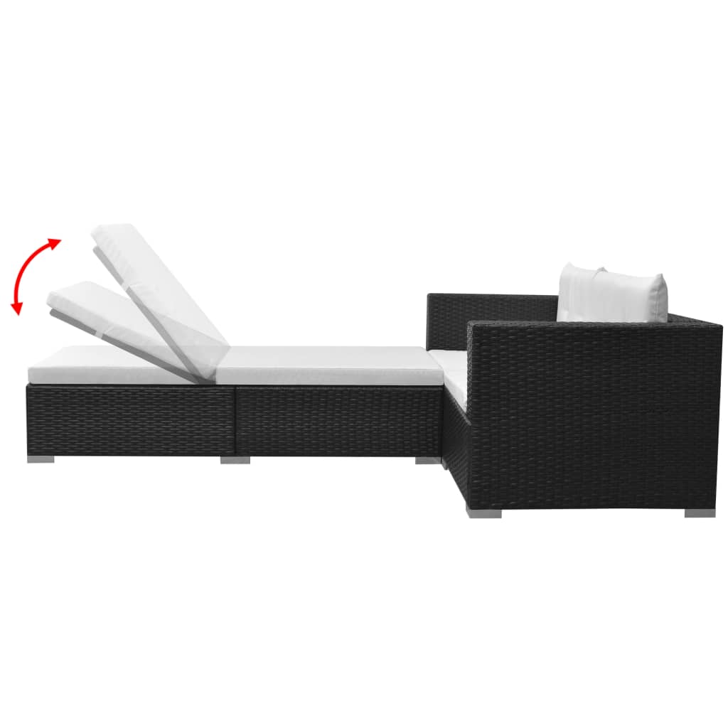 3 Pcs conjunto lounge de jardim c/ almofadões vime PE preto