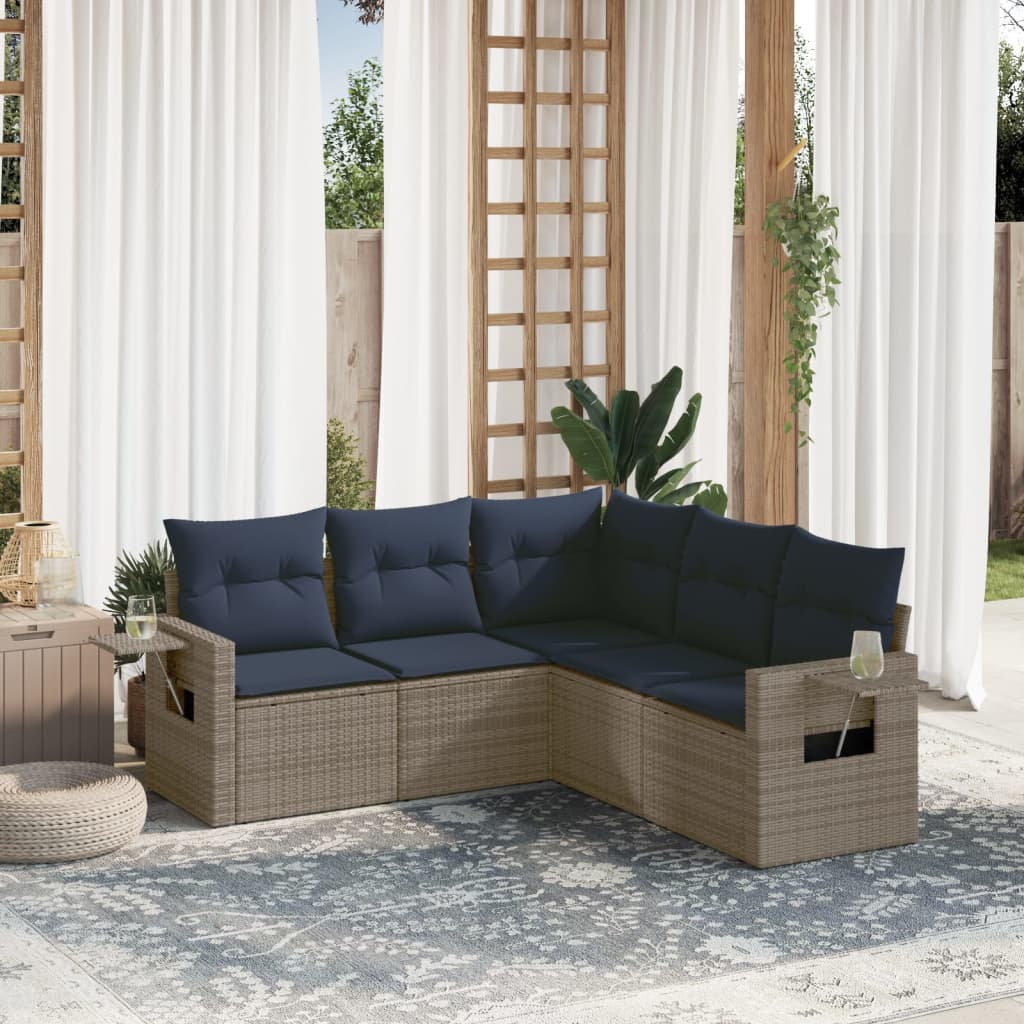 Conjunto de sofá de jardim de 5 peças com almofadas em rattan sintético cinza