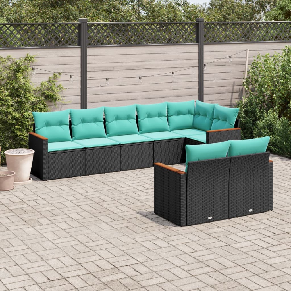 Conjunto de sofá de jardim com 8 peças e almofadas em rattan sintético preto