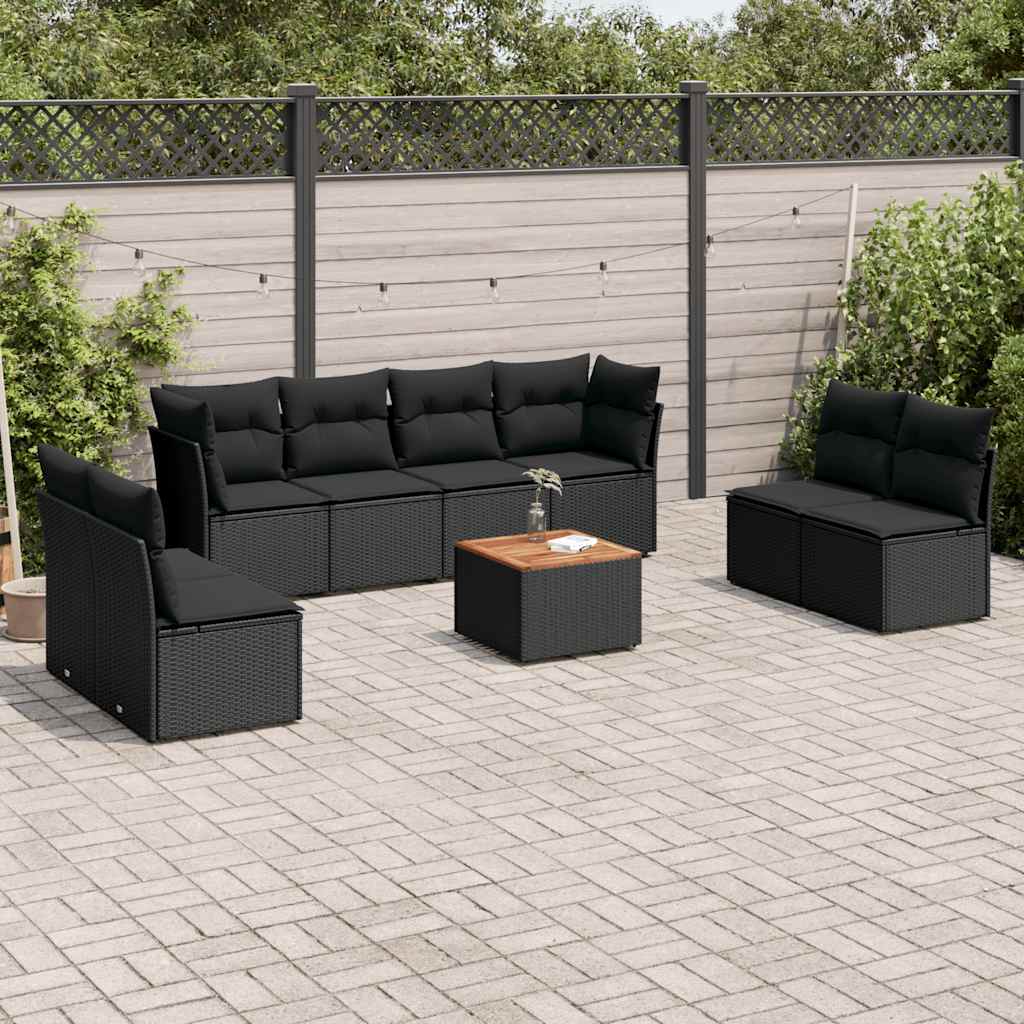 9 Pcs conjunto de sofás p/ jardim c/ almofadões vime PE preto
