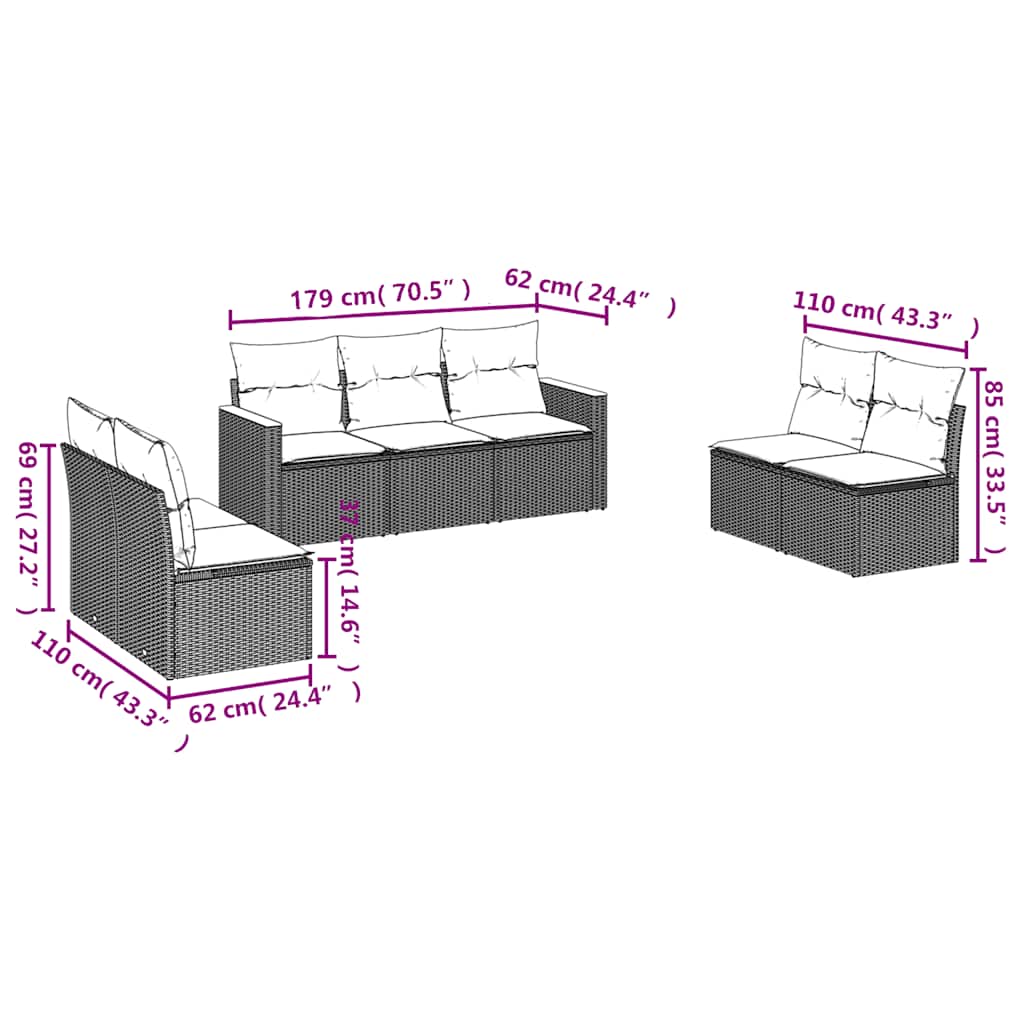 7 Pcs conjunto de sofás p/ jardim c/ almofadões vime PE preto