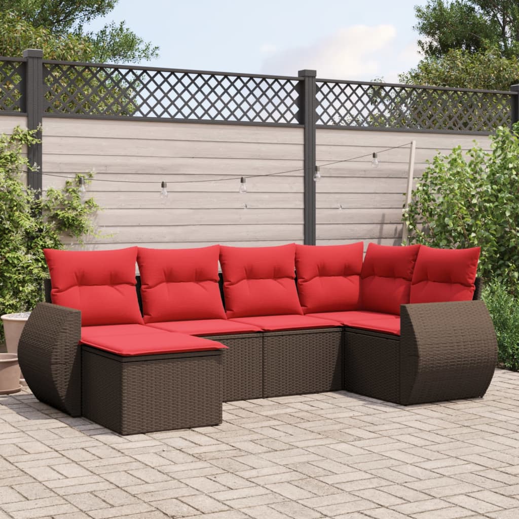 Conjunto de sofá de jardim com 6 peças e almofadas em rattan sintético marrom