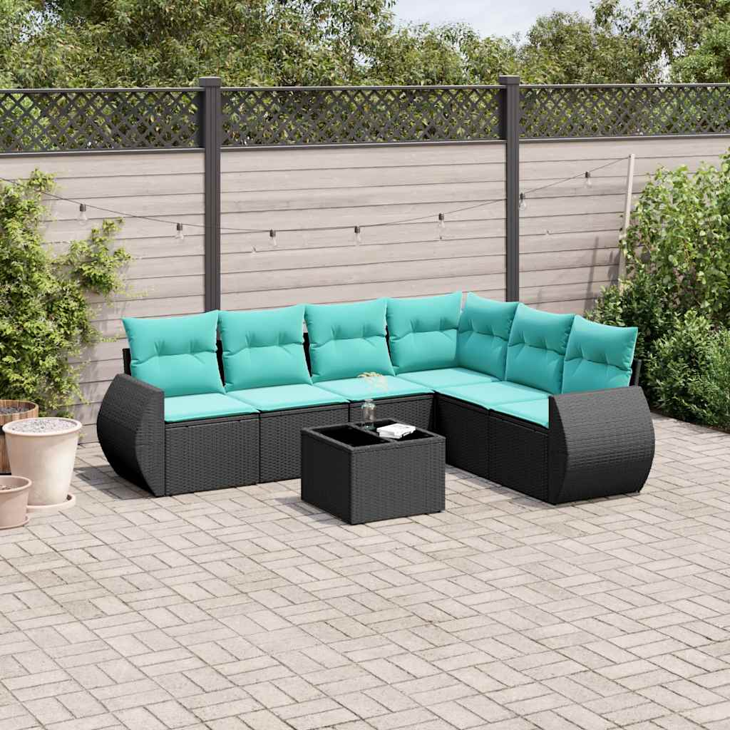 Conjunto de sofá de jardim com 7 peças e almofadas em rattan sintético preto