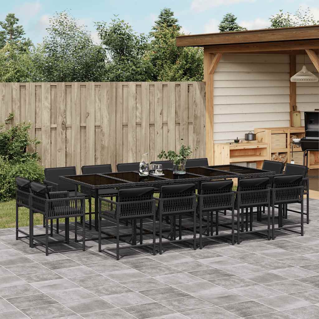 15 Pcs conjunto de jantar p/jardim com almofadões vime PE preto