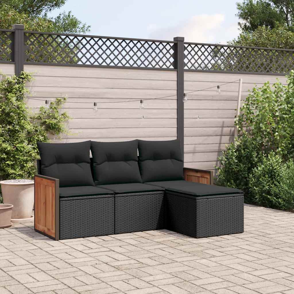 4 Pcs conjunto de sofás para jardim c/ almofadões vime PE preto