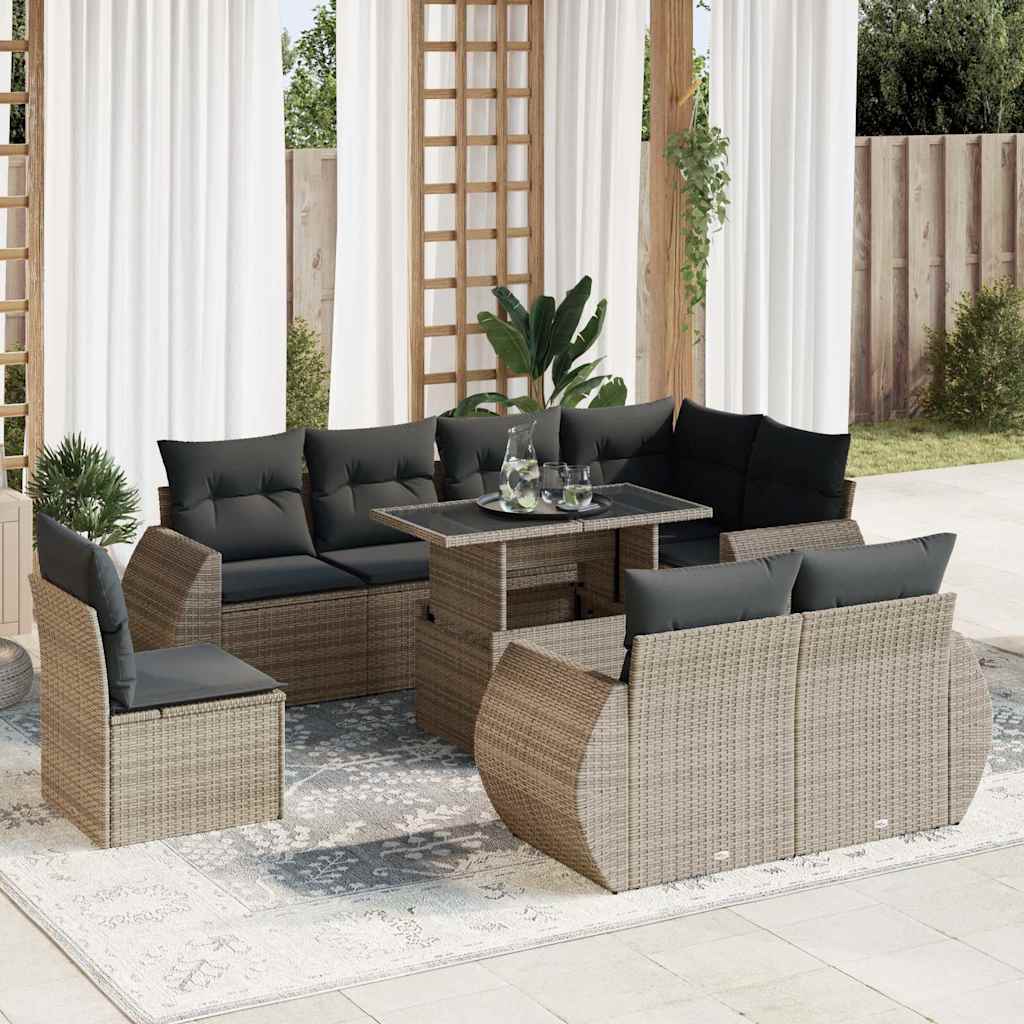 9 Pcs conjunto sofás p/ jardim com almofadões vime PE cinzento