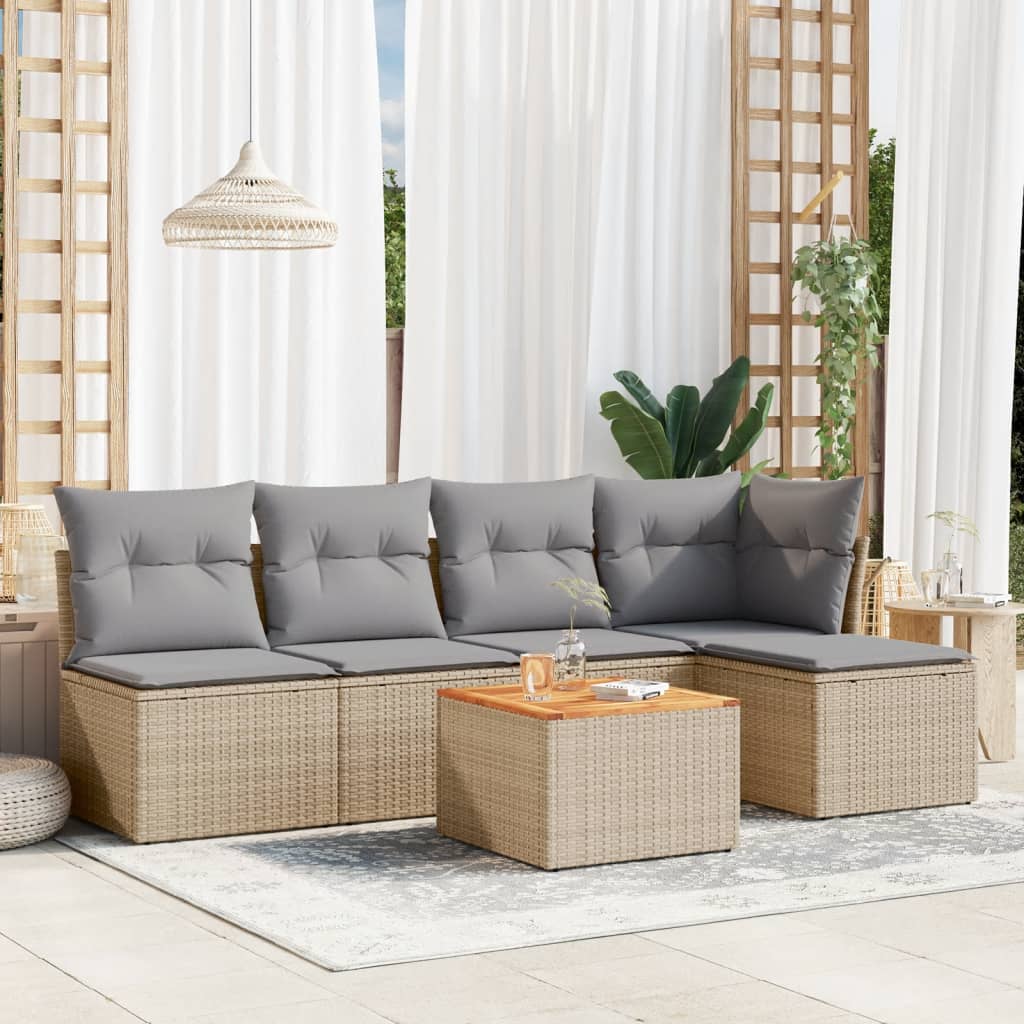 6 Pcs conj. sofás jardim c/ almofadões vime PE bege misturado