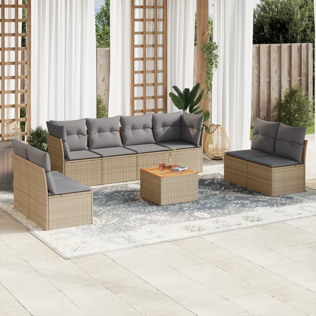 9 Pcs conjunto de sofás p/ jardim com almofadões vime PE bege