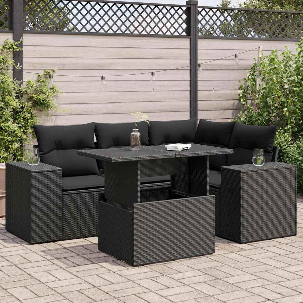 5 Pcs conjunto sofás de jardim com almofadões vime PE preto