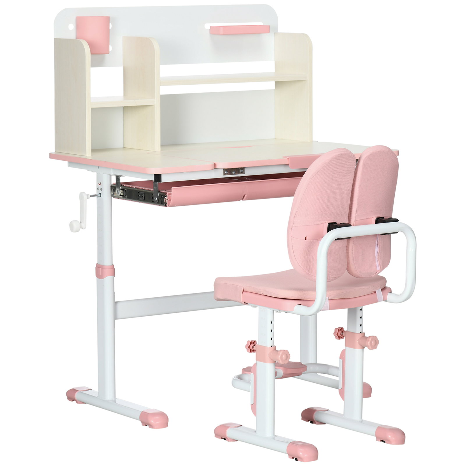 Conjunto de secretária e cadeira para crianças com altura ajustável gaveta prateleiras e bancada inclinável 80x52x88-109 cm rosa e branco