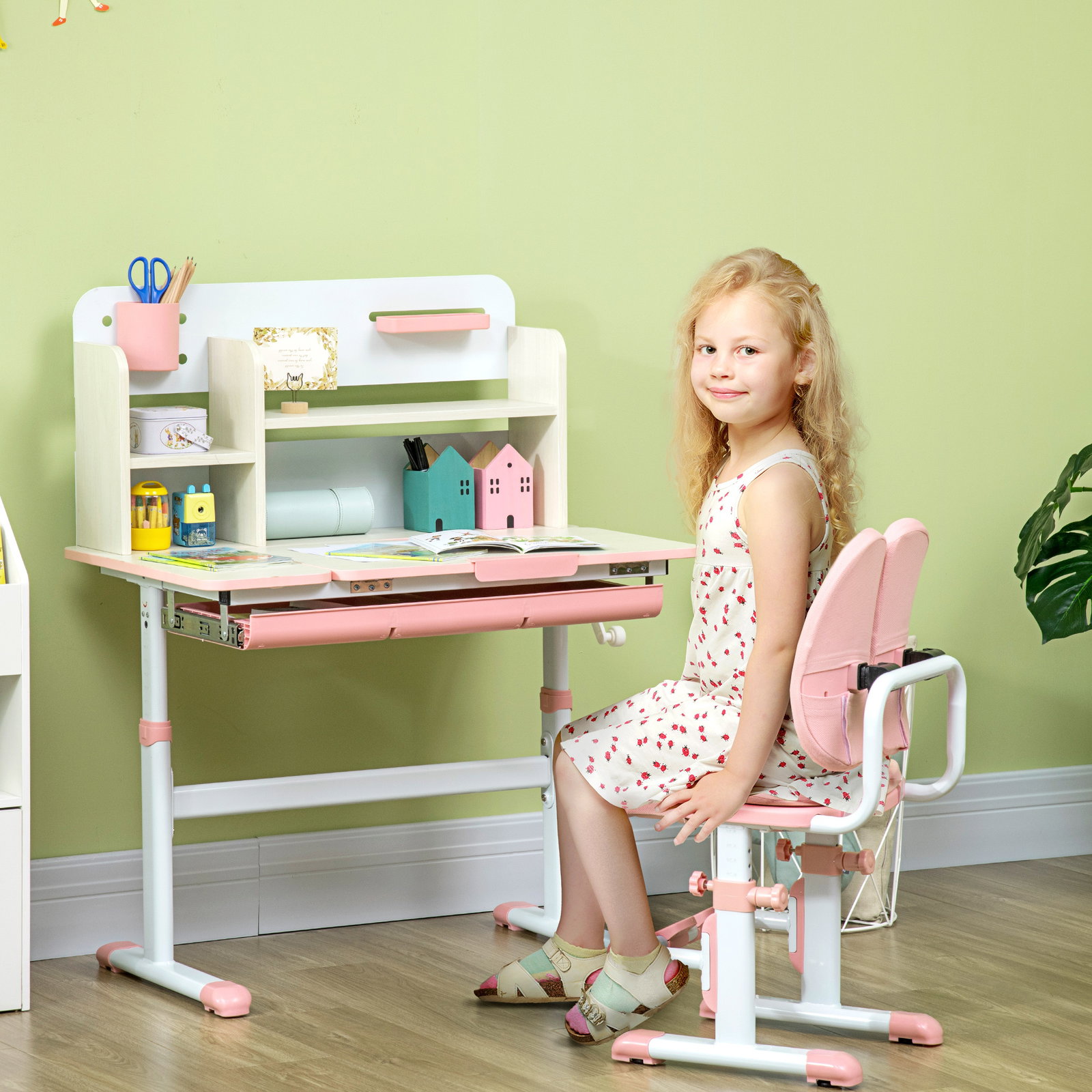 Conjunto de secretária e cadeira para crianças com altura ajustável gaveta prateleiras e bancada inclinável 80x52x88-109 cm rosa e branco