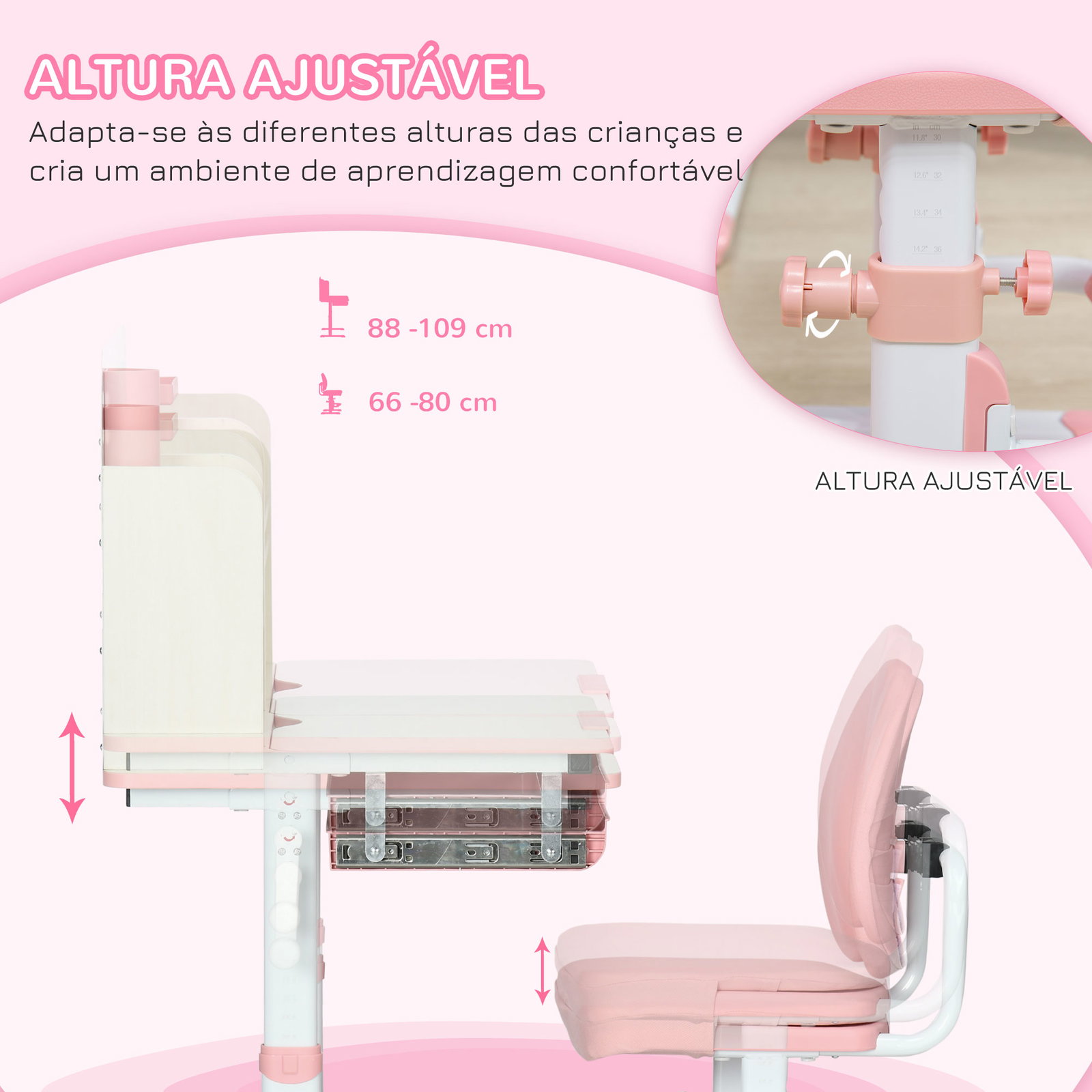 Conjunto de secretária e cadeira para crianças com altura ajustável gaveta prateleiras e bancada inclinável 80x52x88-109 cm rosa e branco