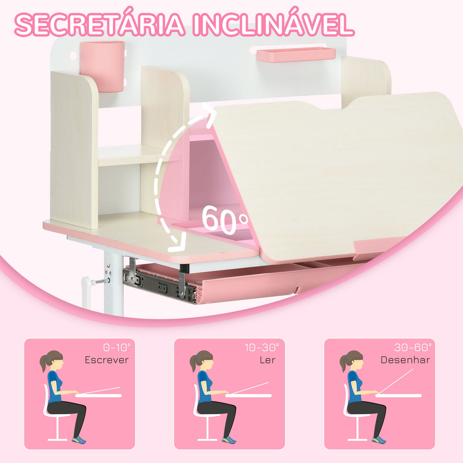 Conjunto de secretária e cadeira para crianças com altura ajustável gaveta prateleiras e bancada inclinável 80x52x88-109 cm rosa e branco