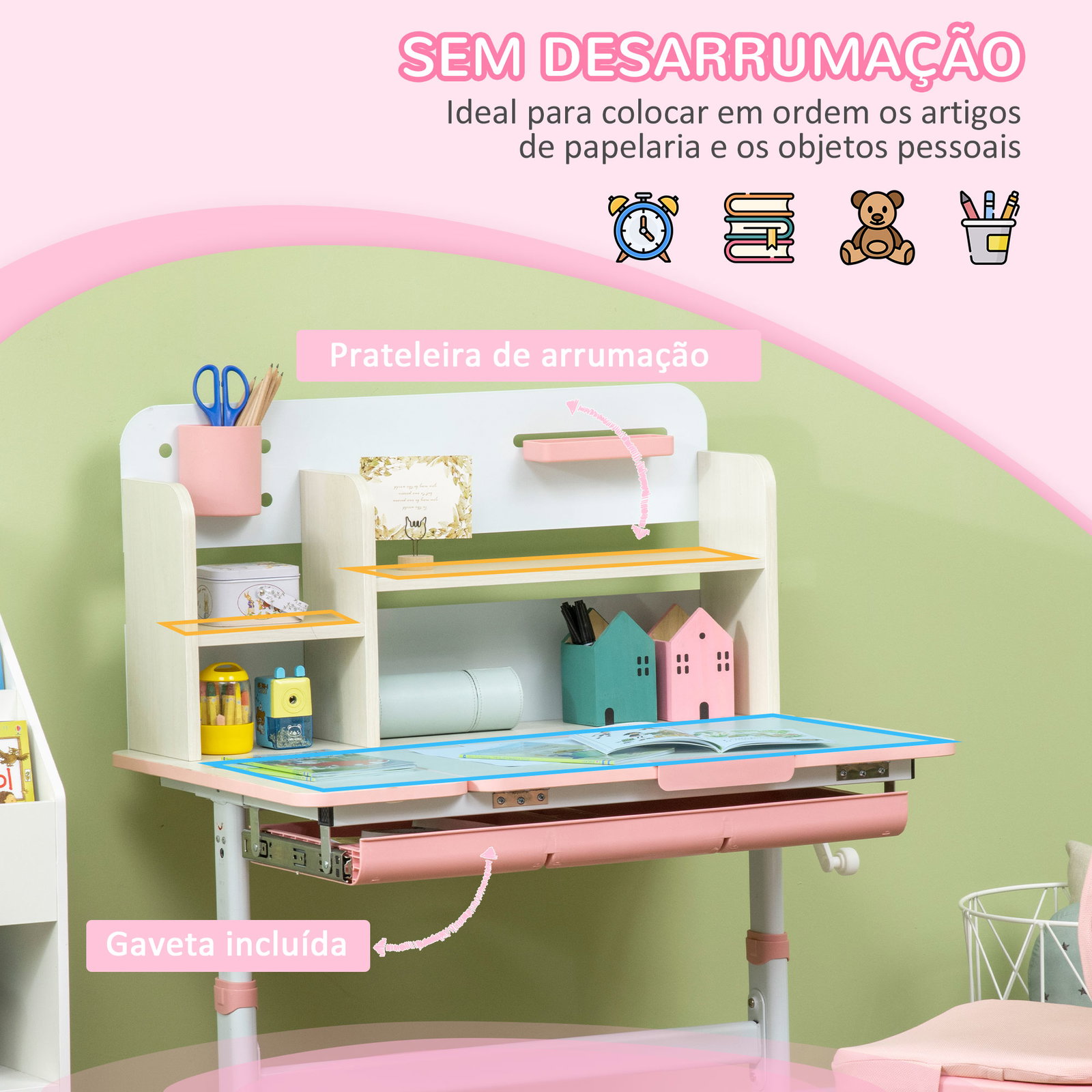 Conjunto de secretária e cadeira para crianças com altura ajustável gaveta prateleiras e bancada inclinável 80x52x88-109 cm rosa e branco