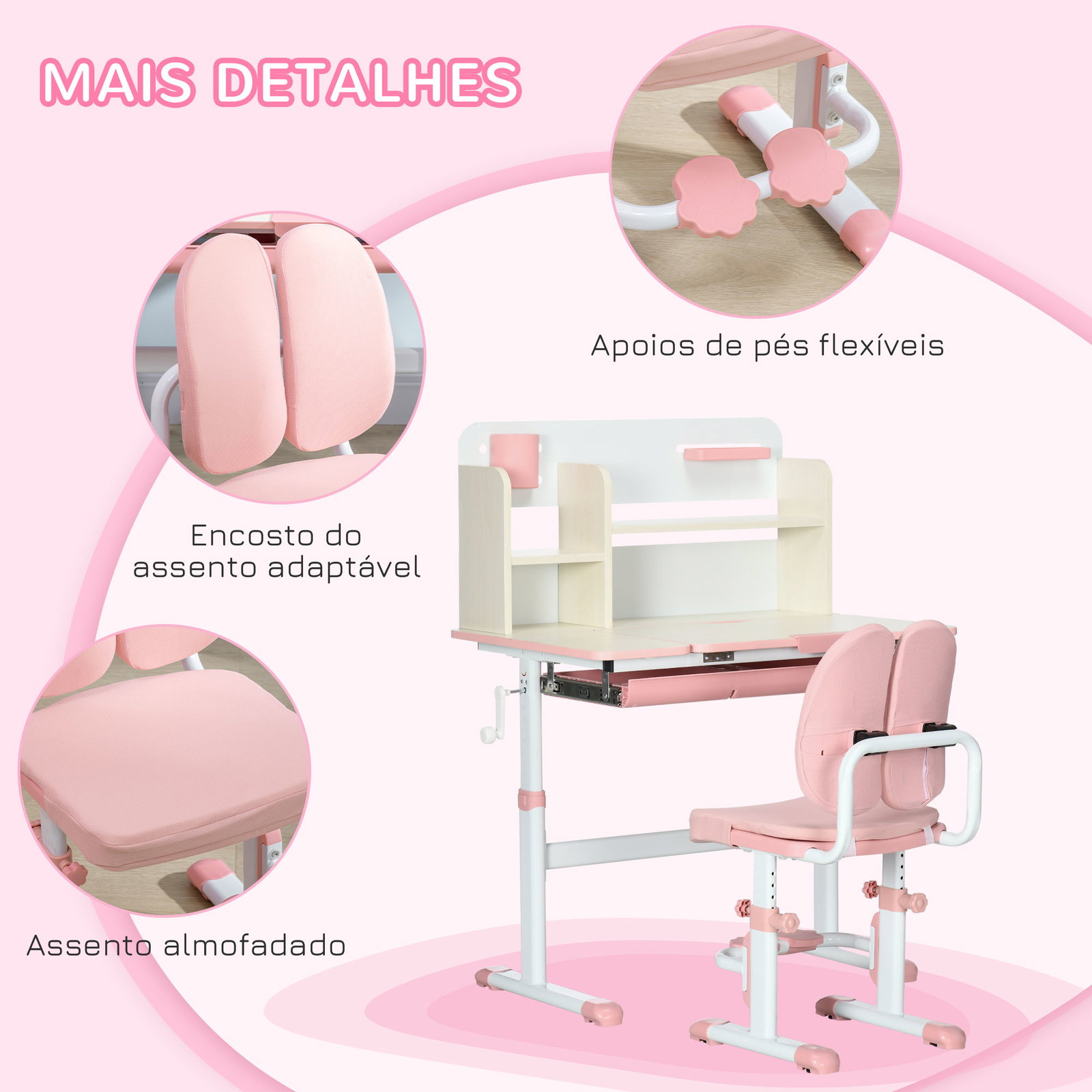 Conjunto de secretária e cadeira para crianças com altura ajustável gaveta prateleiras e bancada inclinável 80x52x88-109 cm rosa e branco