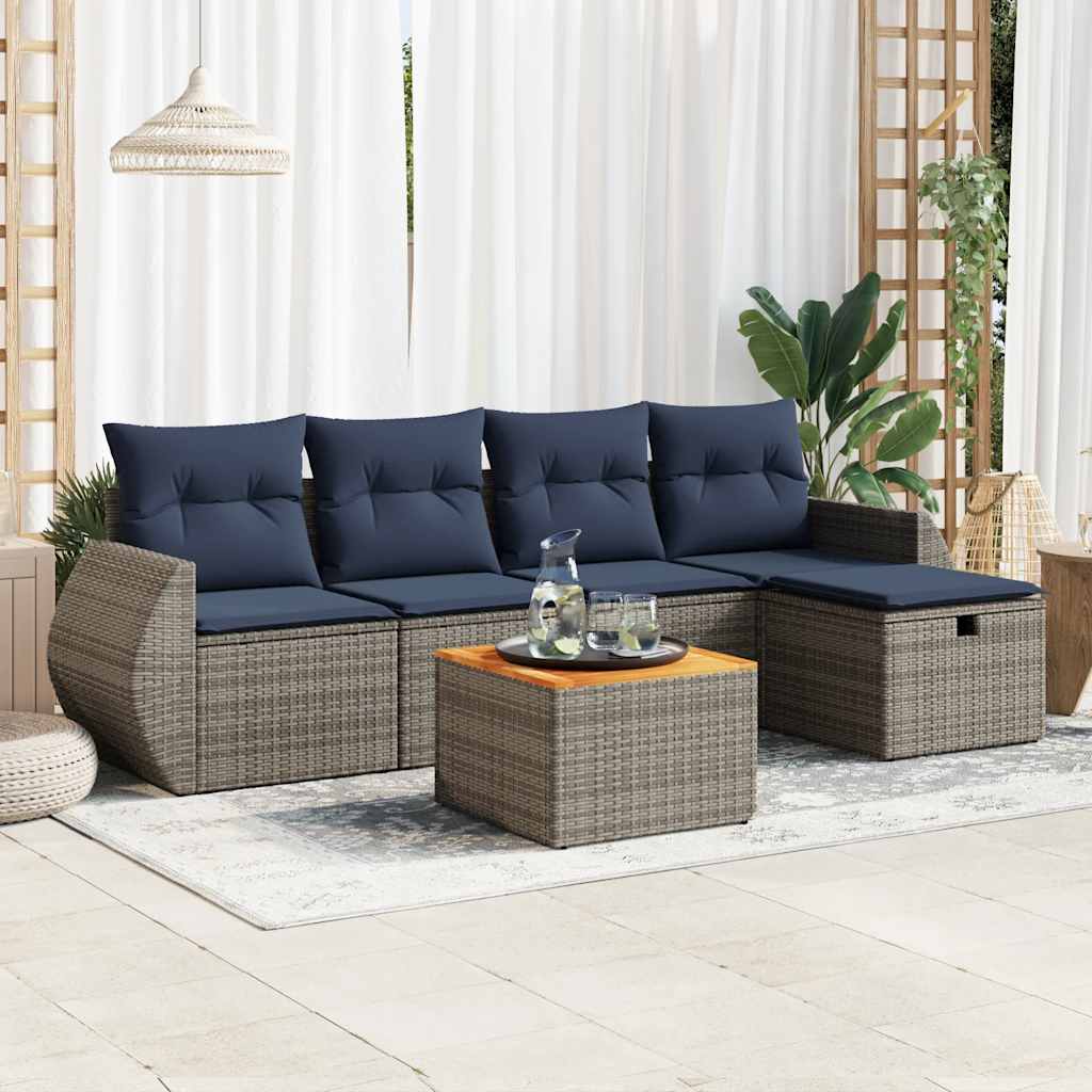 6 Pcs conjunto sofás de jardim com almofadões vime cinzento