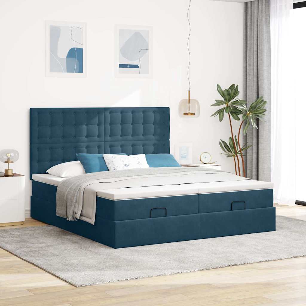 Estrutura de cama otomana com colchão azul escuro veludo
