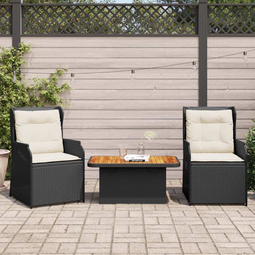 3 Pcs conjunto lounge de jardim c/ almofadões vime PE preto