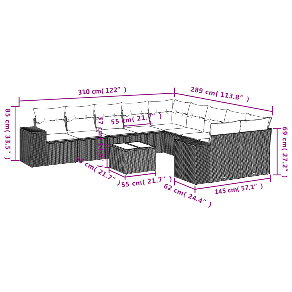11 Pcs conjunto sofás de jardim c/ almofadões vime PE cinzento