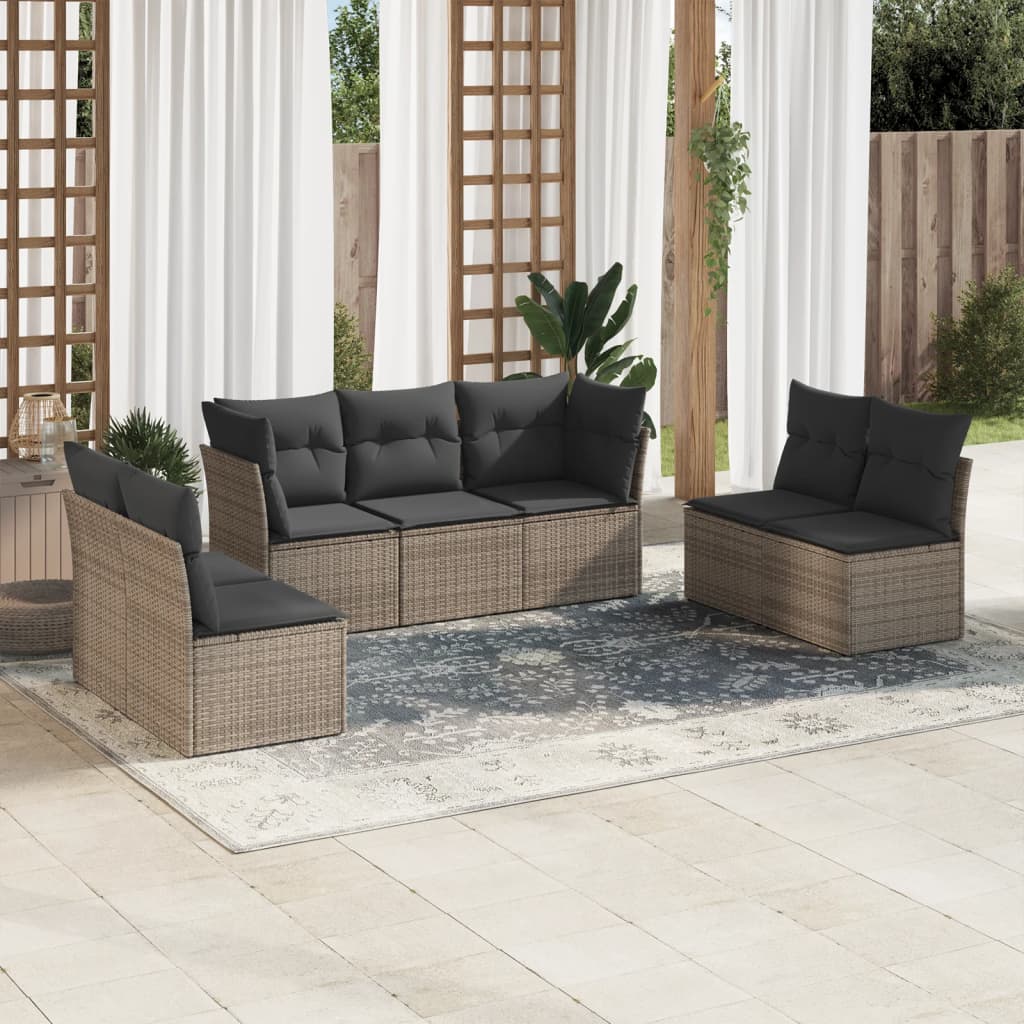 7 Pcs conjunto sofás p/ jardim c/ almofadões vime PE cinzento