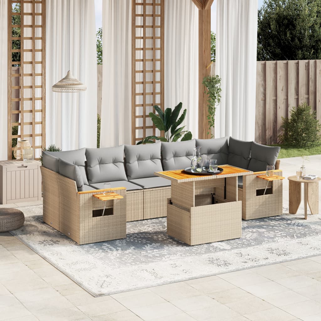 8 Pcs conjunto de sofás p/ jardim com almofadões vime PE bege