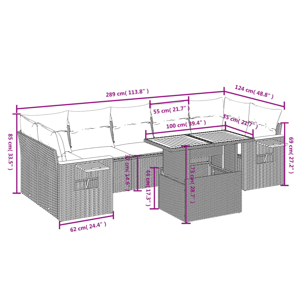 8 Pcs conjunto de sofás p/ jardim com almofadões vime PE bege