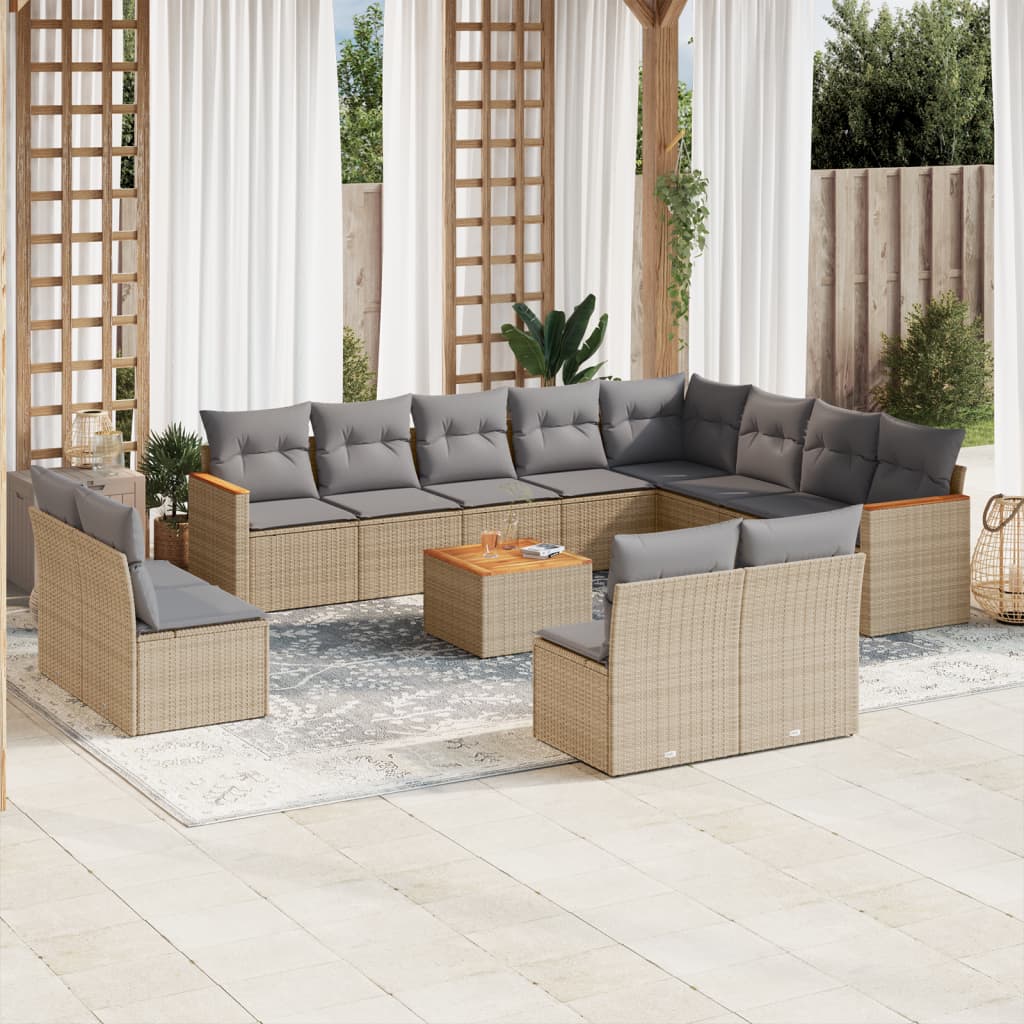 13 Pcs conj. sofás jardim c/ almofadões vime PE bege misturado