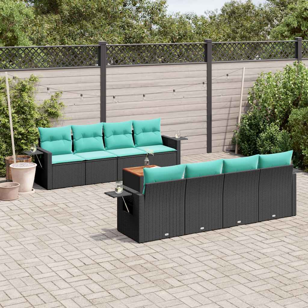 Conjunto de sofá de jardim de 9 peças com almofadas em rattan sintético preto