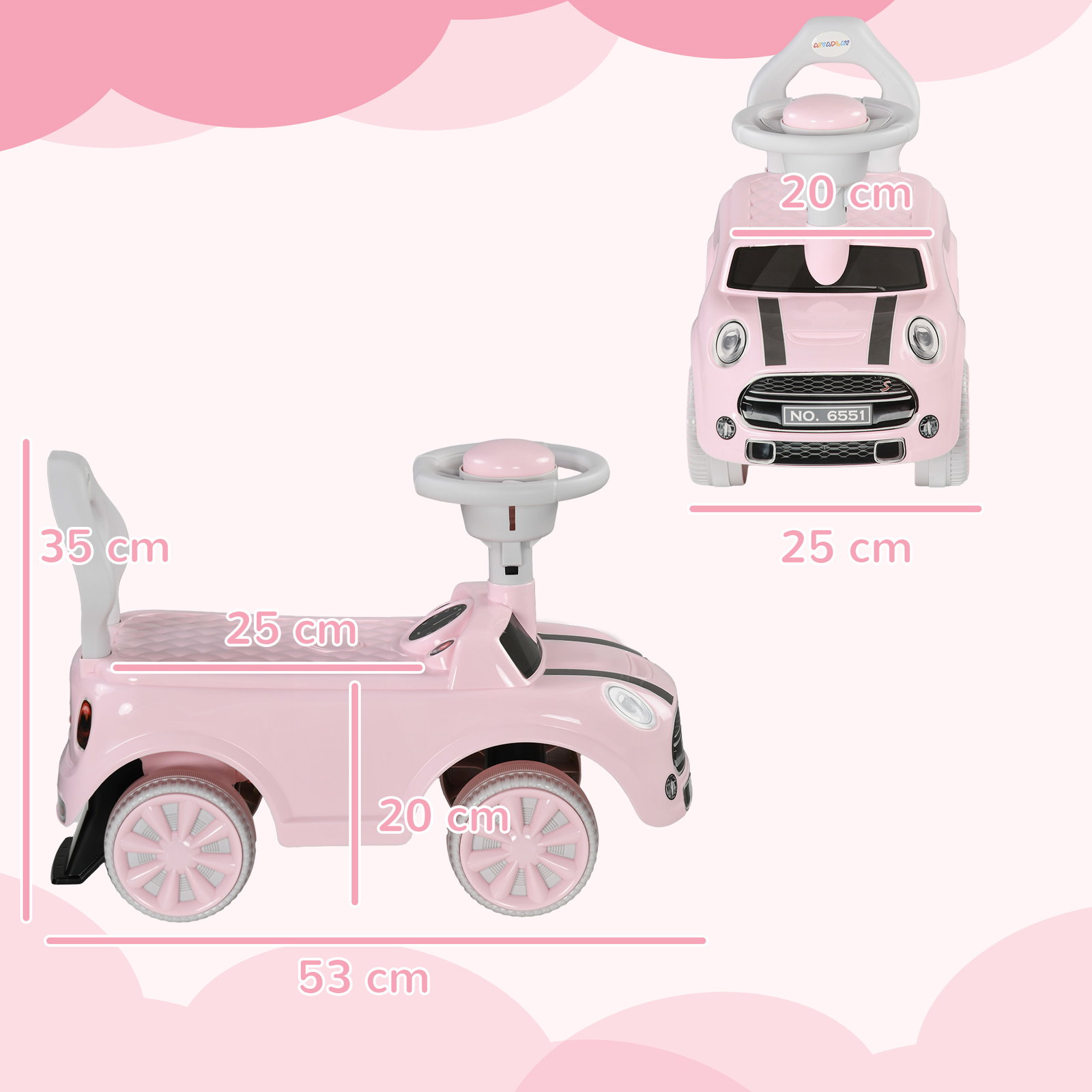 Carro andador para bebés de 18-36 meses carro andador com volante buzina e sistema anti-tombo 53x25x35 cm rosa
