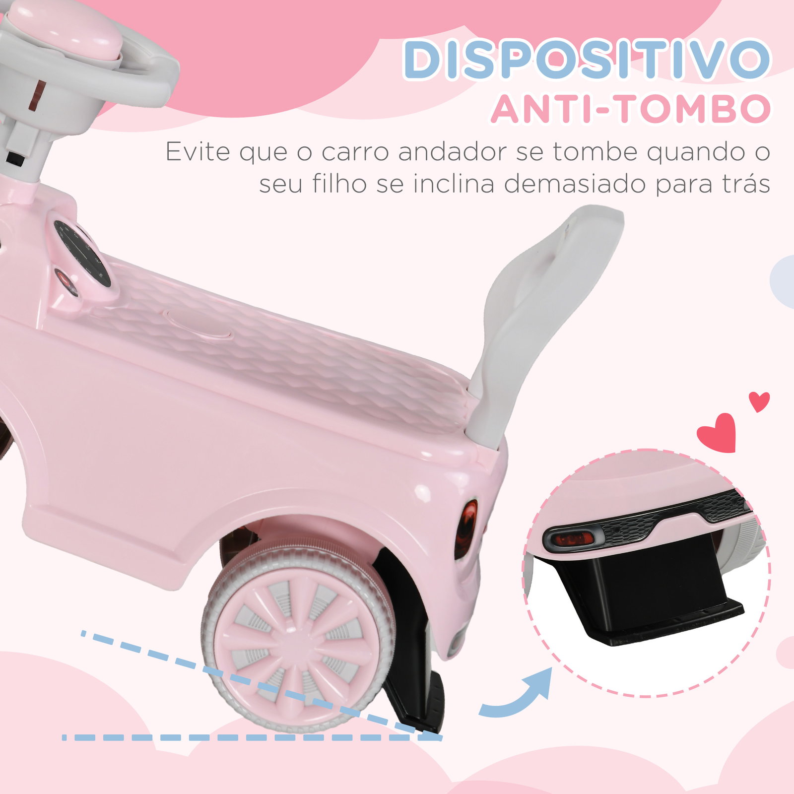 Carro andador para bebés de 18-36 meses carro andador com volante buzina e sistema anti-tombo 53x25x35 cm rosa